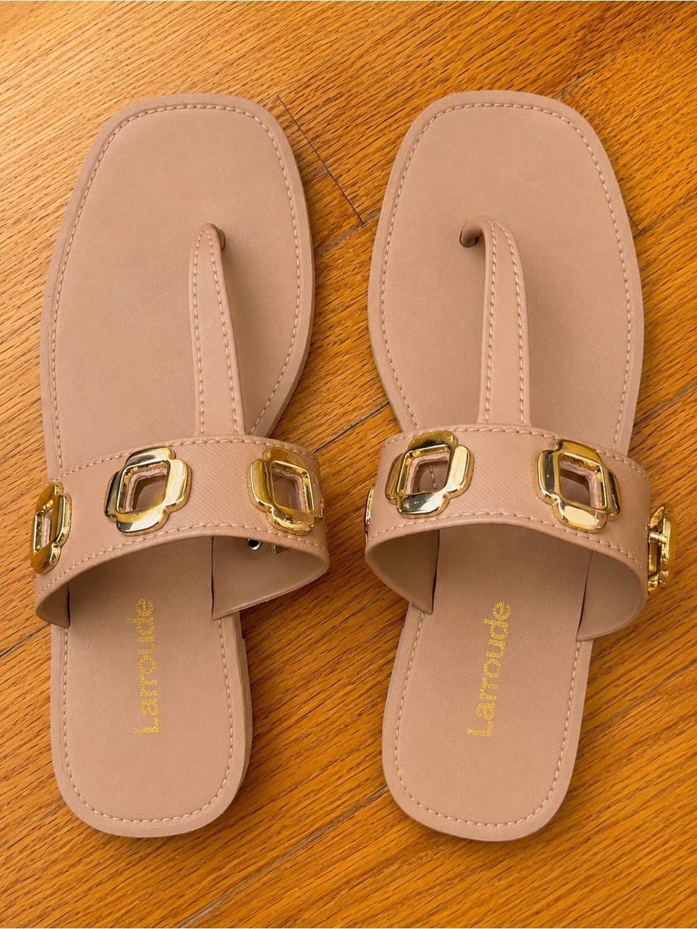 Larroude Nude Thong Flat Sandals Gold Hardware Rubber Style Size 37 US 6/7
